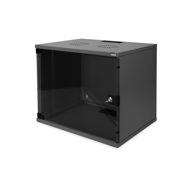 DIGITUS 19  460x540x400 9U lapraszerelt üvegajtós fekete fali rack szekrény