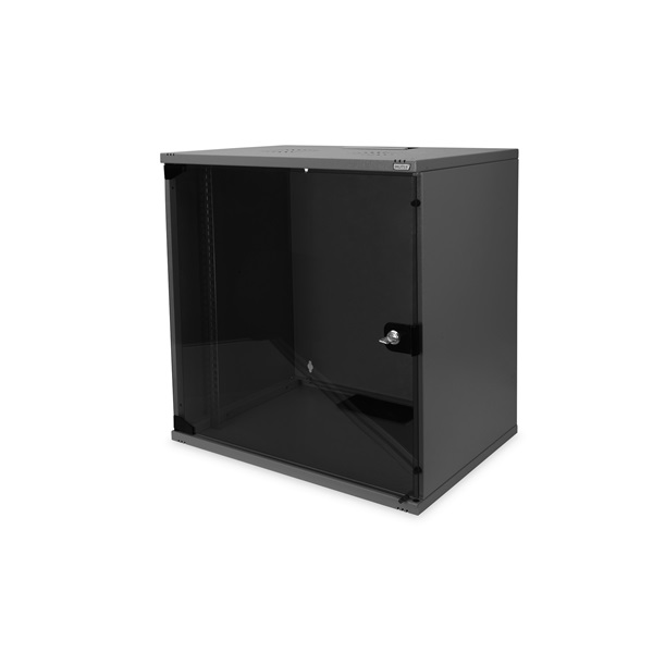 DIGITUS 19  595x540x400 12U lapraszerelt üvegajtós fekete fali rack szekrény